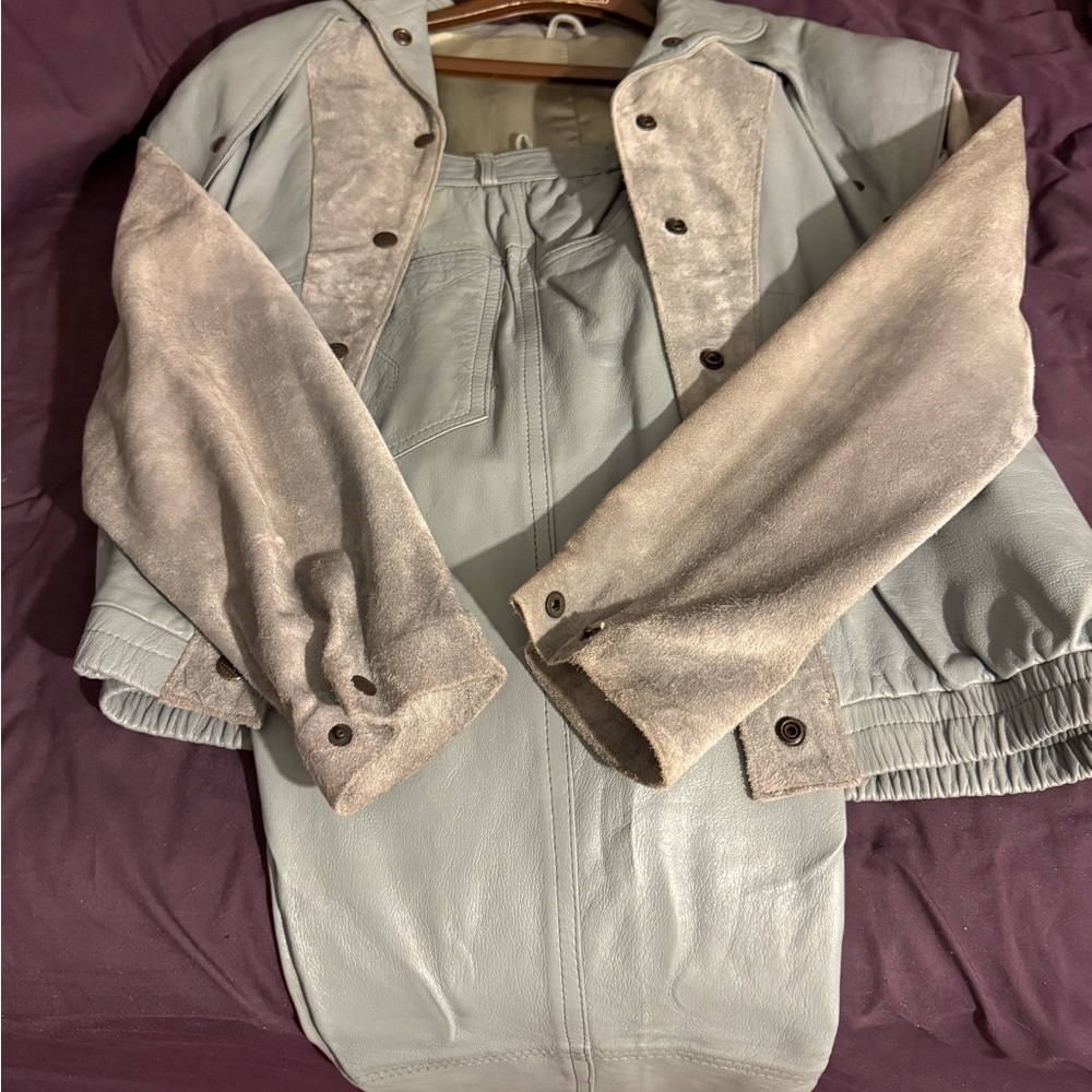 Gray Leather Jacket with straight leg pant size 10 under 5 ft 3 1/2 in